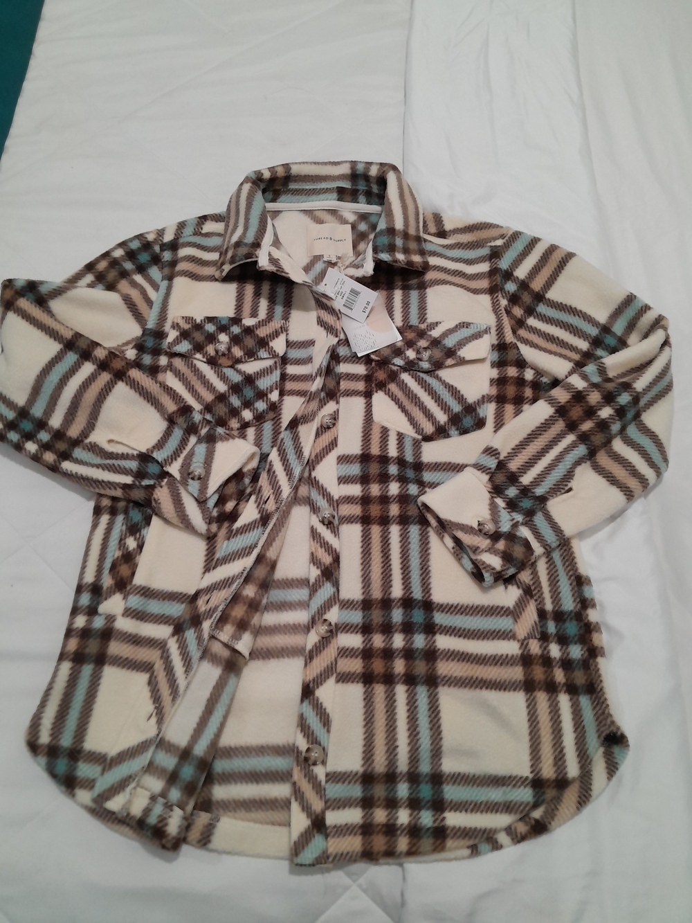 Thread & Supply Plaid Fleece Shacket Jacket Small NWT Cream Brown Teal Cozy